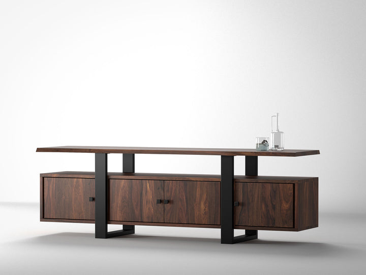 TV unit, solid sheesham wood and steel, 4 doors