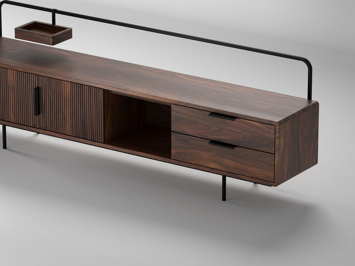 TV unit, solid sheesham wood and steel, 2 doors and 2 drawers