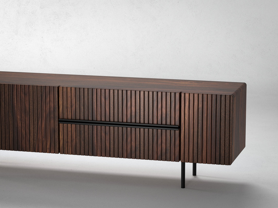 TV unit, solid sheesham wood and steel, 3 doors and 2 drawers