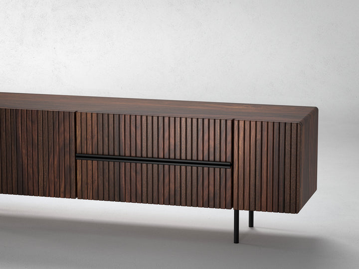 TV unit, solid sheesham wood and steel, 3 doors and 2 drawers