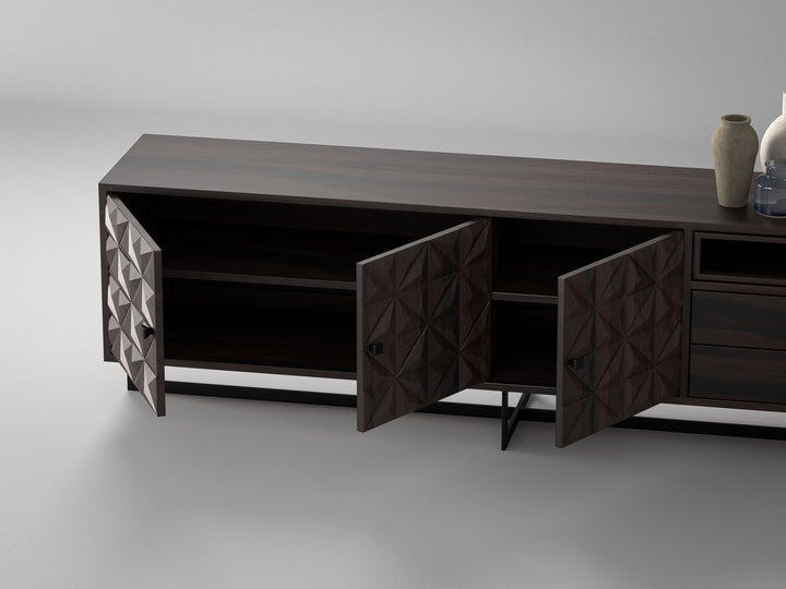 Suitable as a sideboard or TV unit, solid sheesham wood and steel, 3 doors and 2 drawers