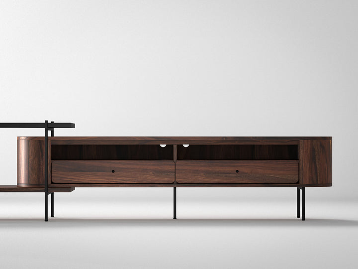 TV unit, solid sheesham wood and steel, 2 drawers