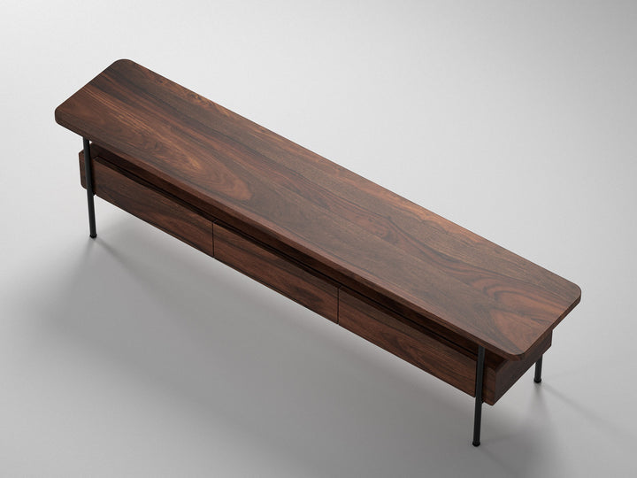 TV unit, solid sheesham wood and steel, 3 drawers