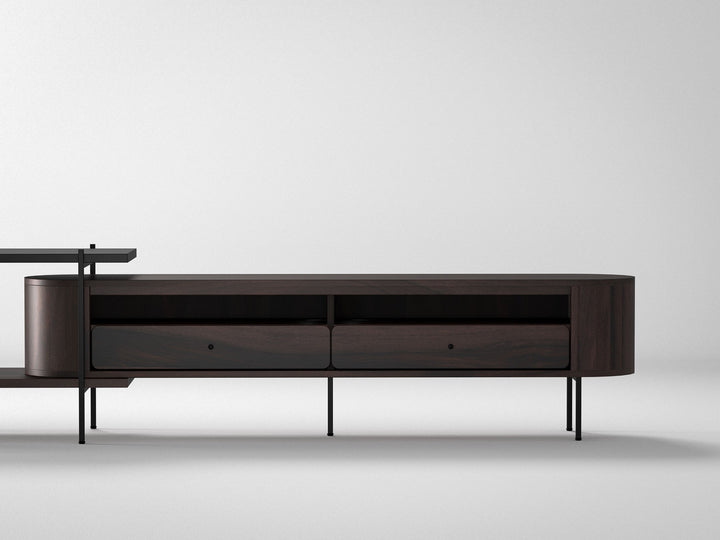 TV unit, solid sheesham wood and steel, 2 drawers