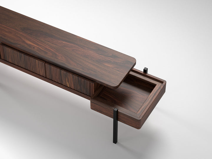 TV unit, solid sheesham wood and steel, 2 drawers