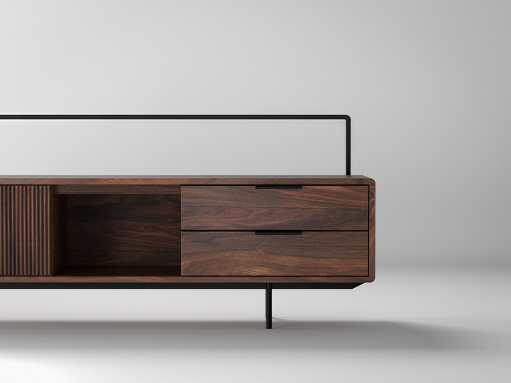 TV unit, solid sheesham wood and steel, 2 doors and 2 drawers
