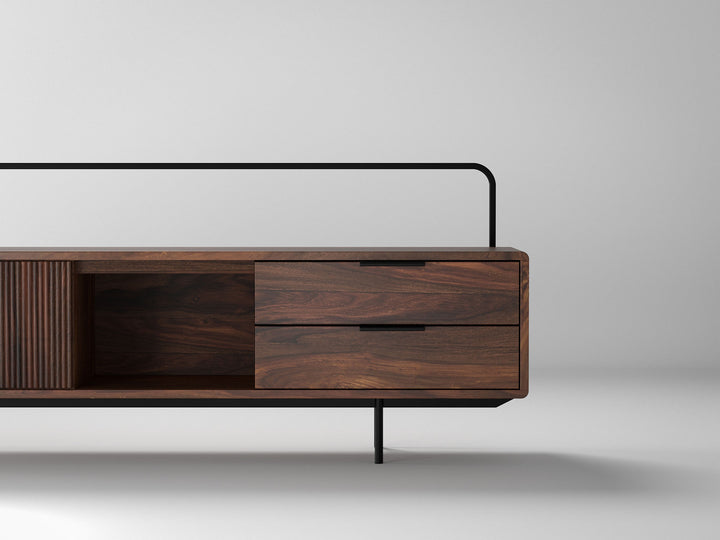 TV unit, solid sheesham wood and steel, 2 doors and 2 drawers