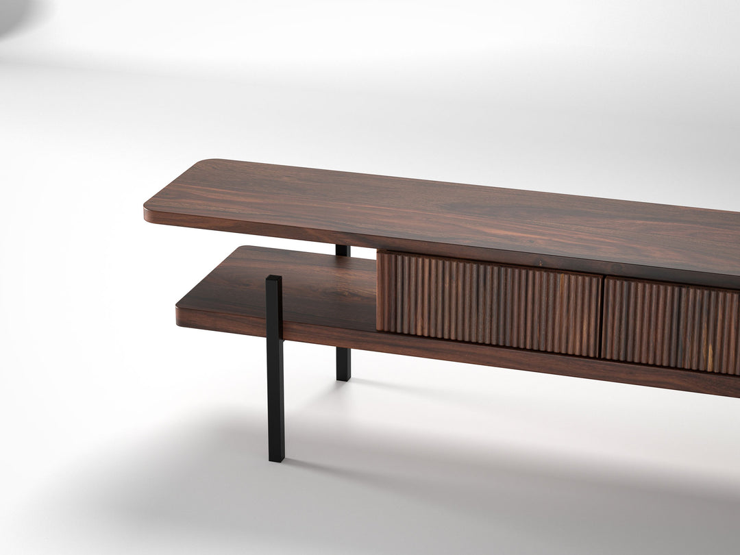 TV unit, solid sheesham wood and steel, 2 drawers