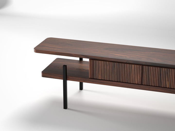TV unit, solid sheesham wood and steel, 2 drawers
