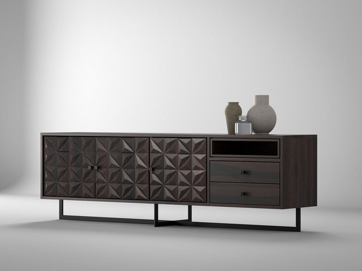 Suitable as a sideboard or TV unit, solid sheesham wood and steel, 3 doors and 2 drawers