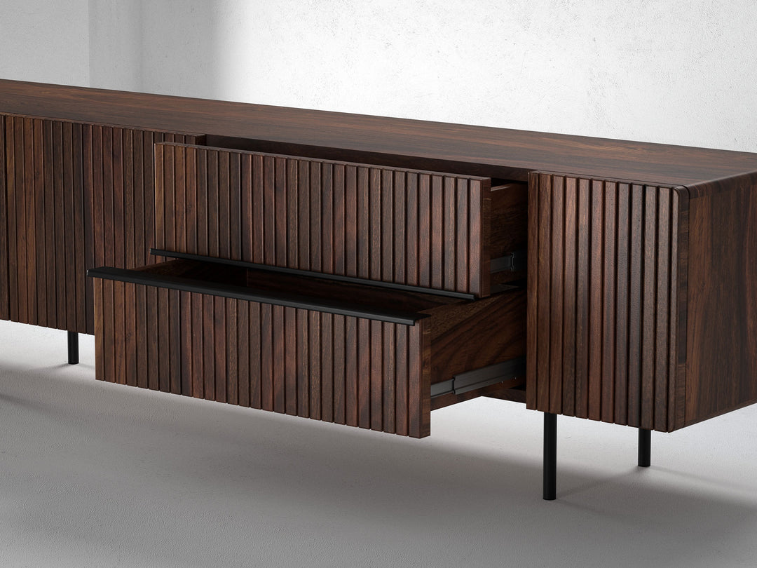 TV unit, solid sheesham wood and steel, 3 doors and 2 drawers