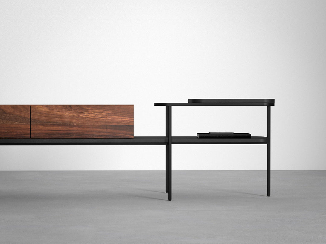 TV unit, solid sheesham wood and steel, 3 drawers