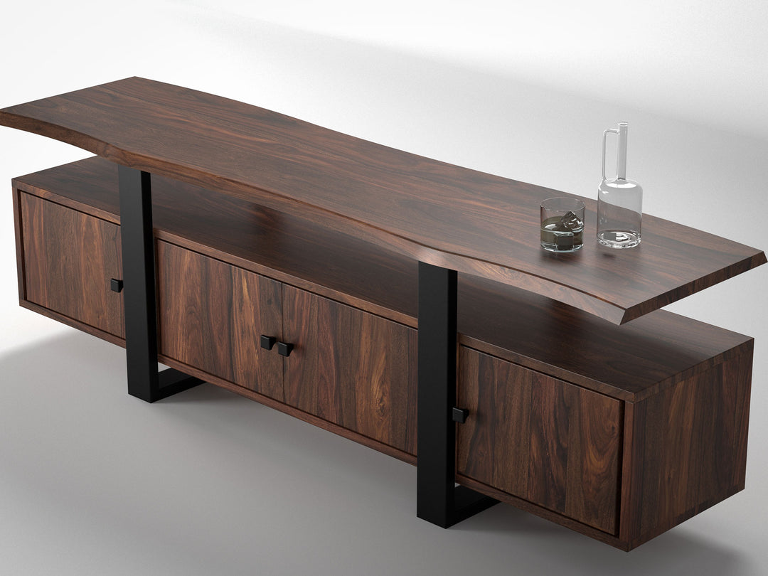 TV unit, solid sheesham wood and steel, 4 doors