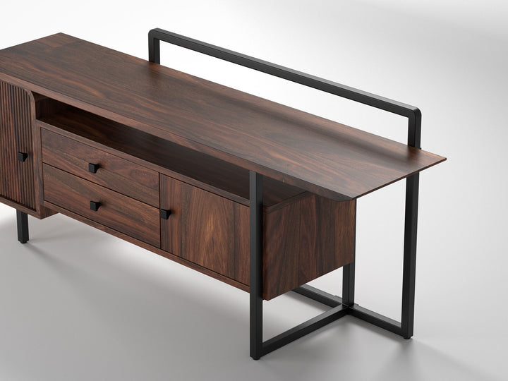 TV unit, solid sheesham wood and steel, 2 doors and 2 drawers