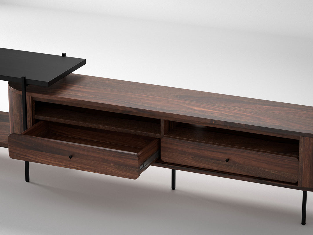 TV unit, solid sheesham wood and steel, 2 drawers