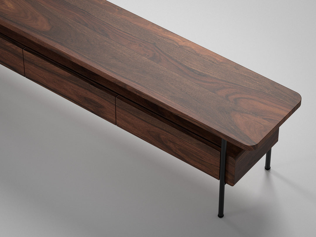 TV unit, solid sheesham wood and steel, 3 drawers