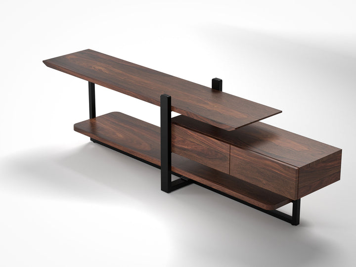 TV unit, solid sheesham wood and steel, 1 drawer