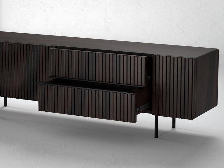 TV unit, solid sheesham wood and steel, 3 doors and 2 drawers