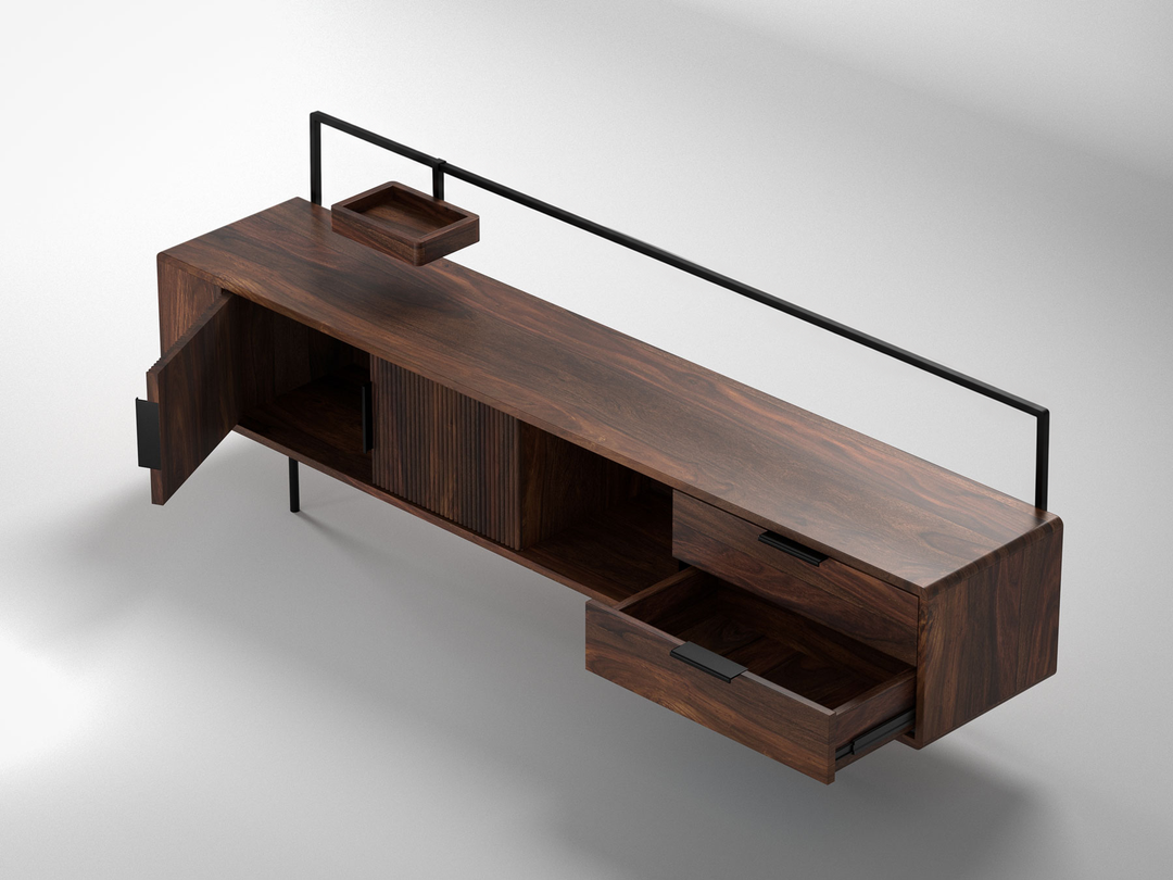 TV unit, solid sheesham wood and steel, 2 doors and 2 drawers