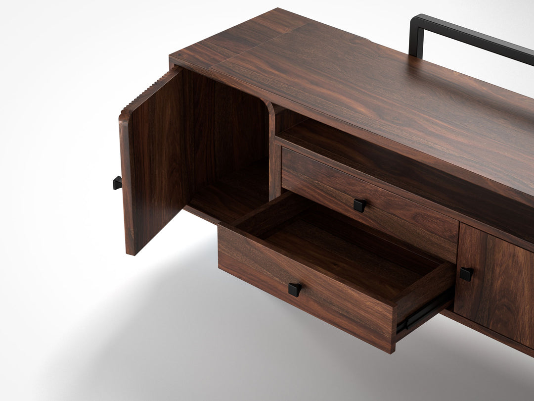 TV unit, solid sheesham wood and steel, 2 doors and 2 drawers