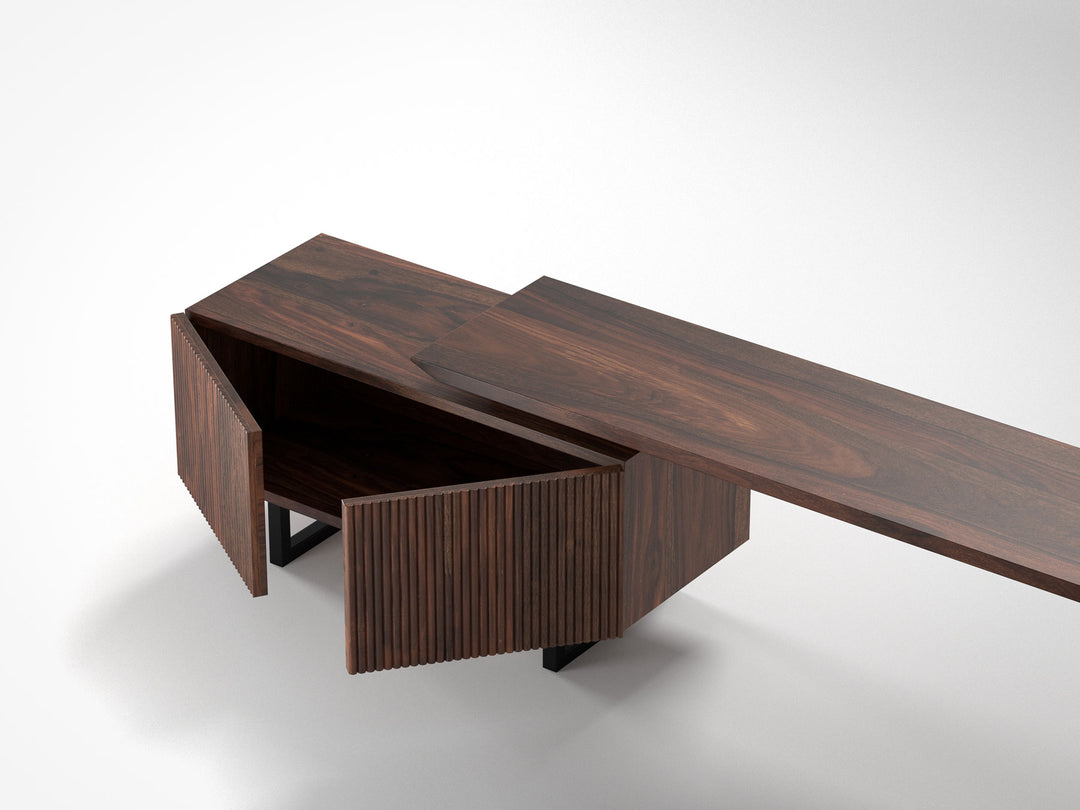 TV unit, solid sheesham wood and steel, 2 doors