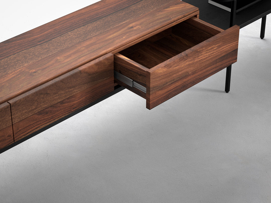 TV unit, solid sheesham wood and steel, 3 drawers