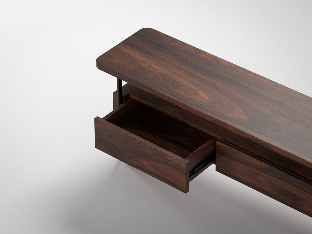 TV unit, solid sheesham wood and steel, 3 drawers