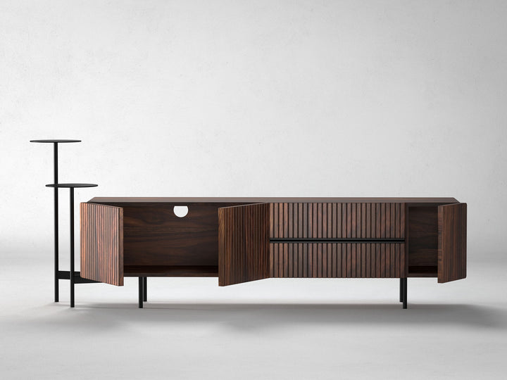 TV unit, solid sheesham wood and steel, 3 doors and 2 drawers