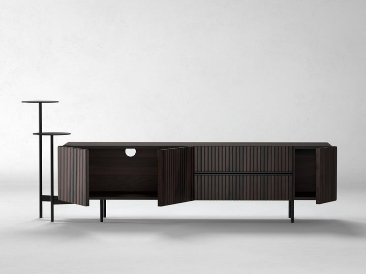 TV unit, solid sheesham wood and steel, 3 doors and 2 drawers