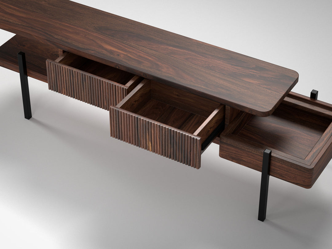 TV unit, solid sheesham wood and steel, 2 drawers
