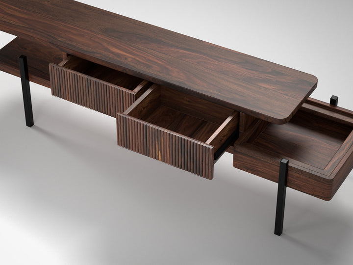 TV unit, solid sheesham wood and steel, 2 drawers