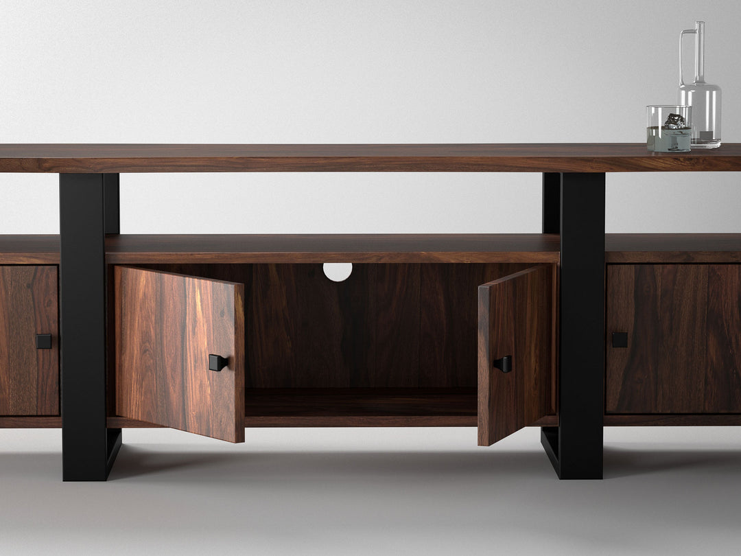 TV unit, solid sheesham wood and steel, 4 doors