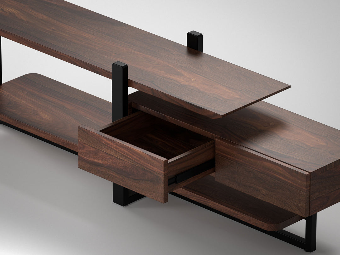 TV unit, solid sheesham wood and steel, 1 drawer