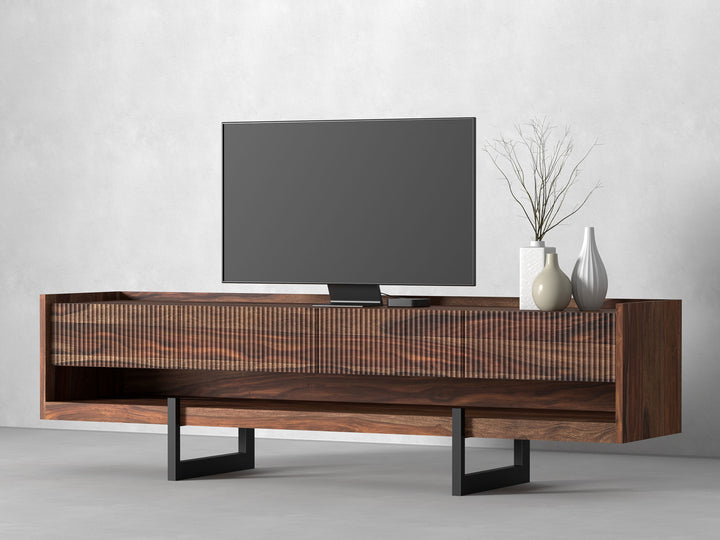 TV unit with four drawers made of solid sheesham wood and carbon steel