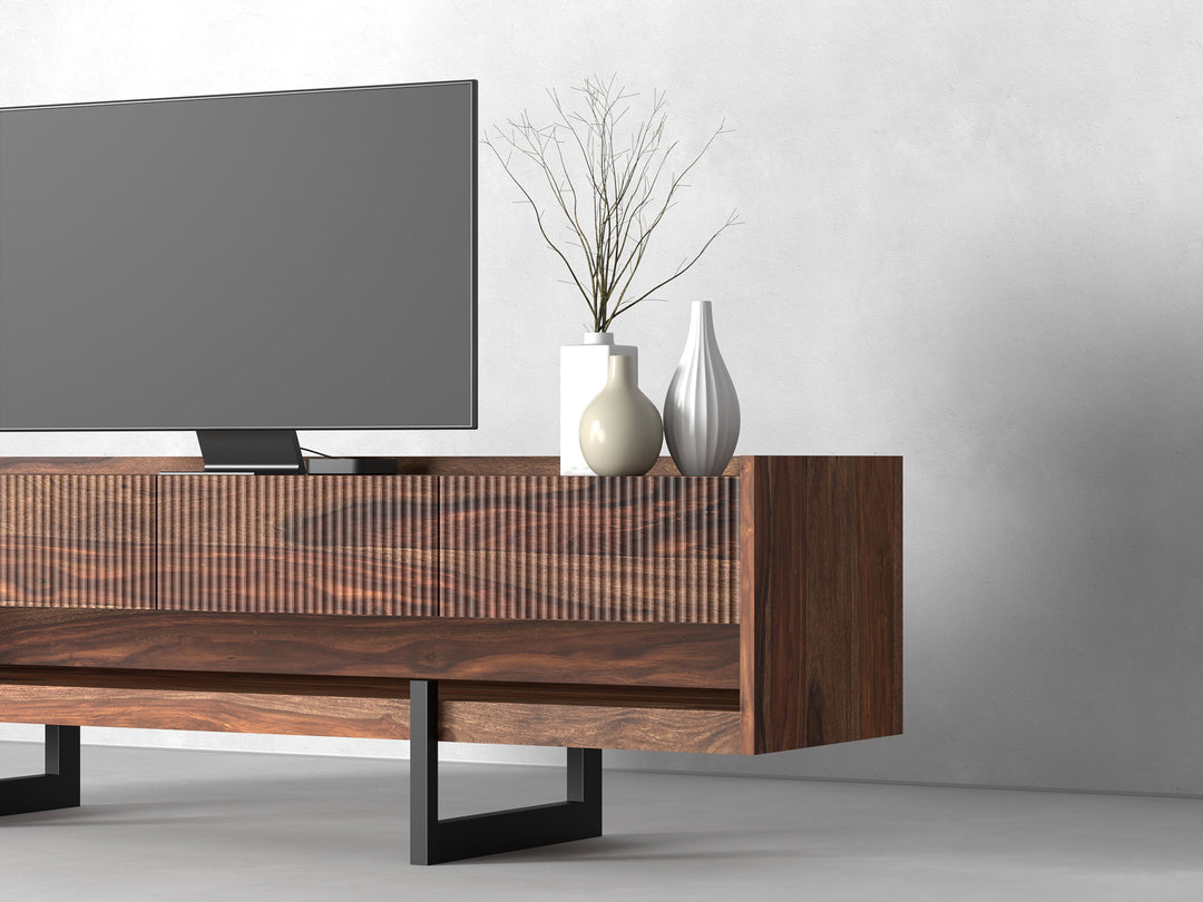 TV unit with four drawers made of solid sheesham wood and carbon steel