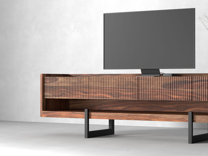 TV unit with four drawers made of solid sheesham wood and carbon steel