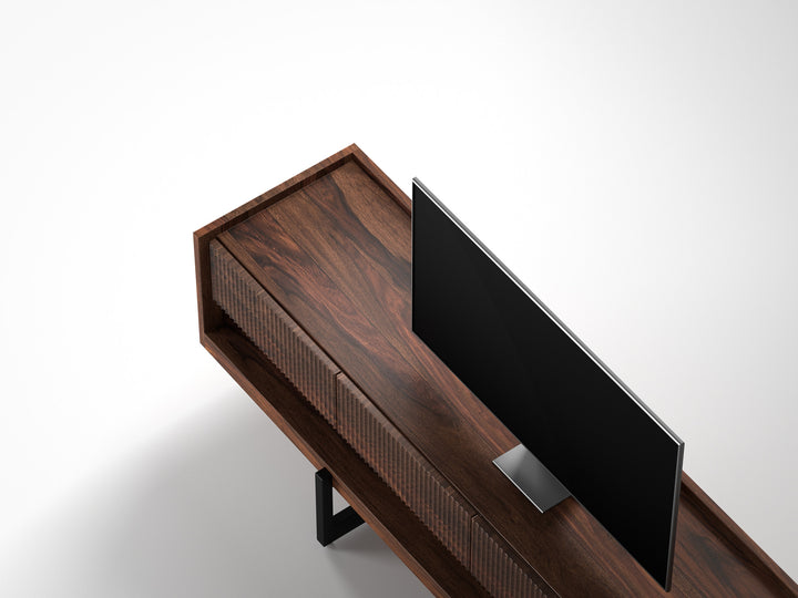 TV unit, solid sheesham wood and steel, 4 drawers