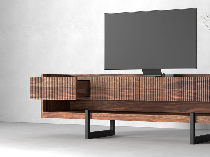 TV unit with four drawers made of solid sheesham wood and carbon steel