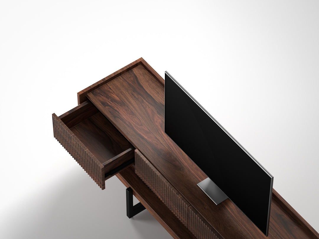 TV unit, solid sheesham wood and steel, 4 drawers