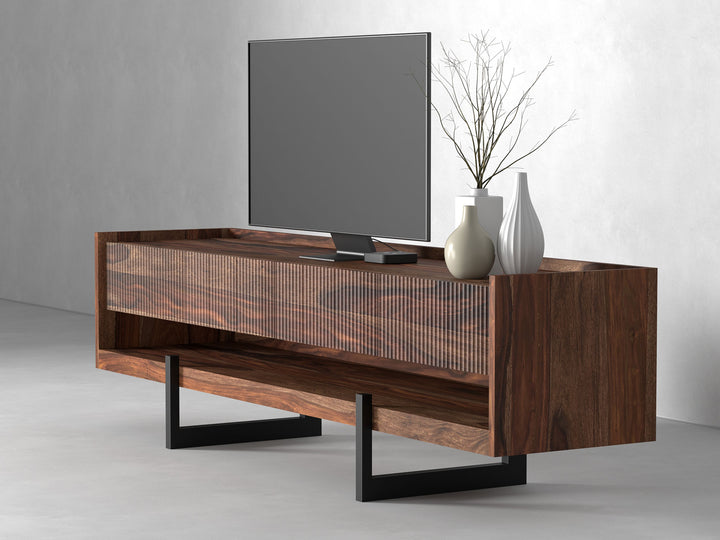 TV unit with four drawers made of solid sheesham wood and carbon steel