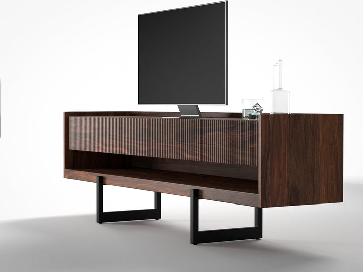 TV unit, solid sheesham wood and steel, 4 drawers