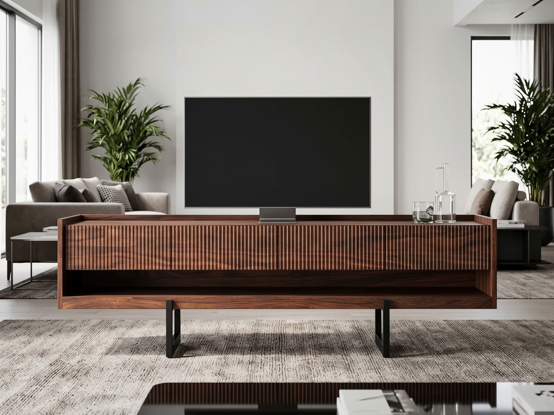 TV unit, solid sheesham wood and steel, 4 drawers