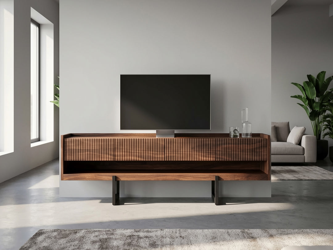 TV unit, solid sheesham wood and steel, 4 drawers