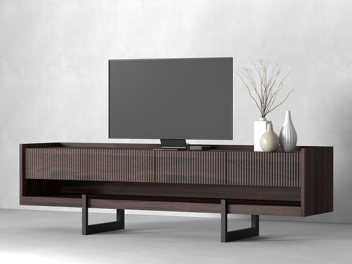 TV unit with four drawers made of solid sheesham wood and carbon steel