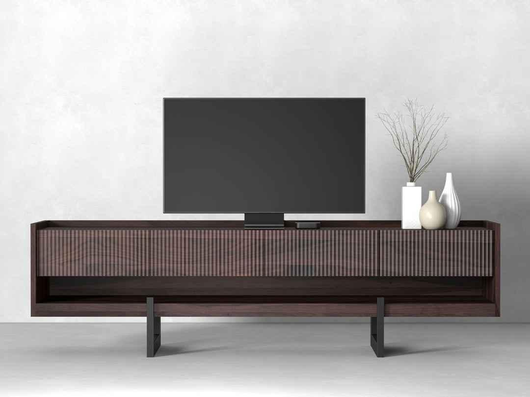 TV unit with four drawers made of solid sheesham wood and carbon steel