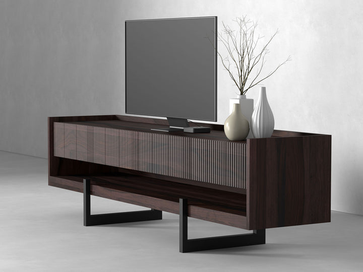 TV unit with four drawers made of solid sheesham wood and carbon steel