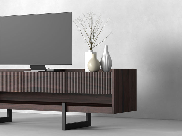 TV unit with four drawers made of solid sheesham wood and carbon steel