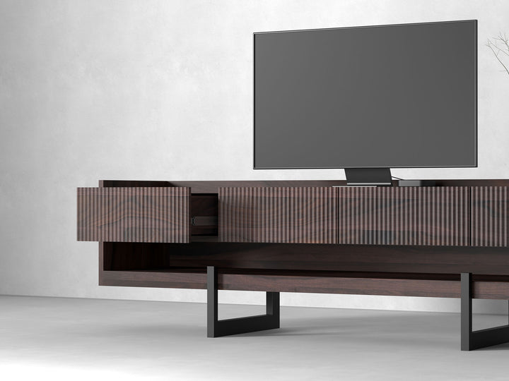 TV unit with four drawers made of solid sheesham wood and carbon steel