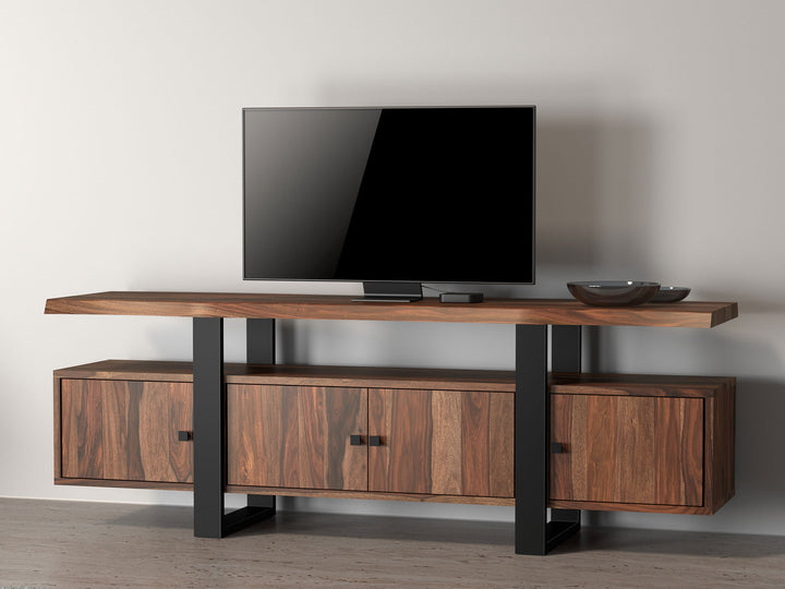 TV unit with four doors made of solid sheesham wood and carbon steel