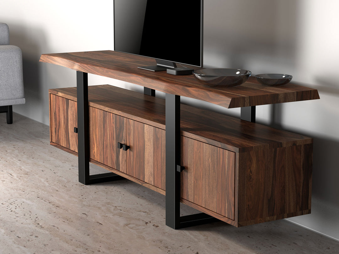 TV unit with four doors made of solid sheesham wood and carbon steel